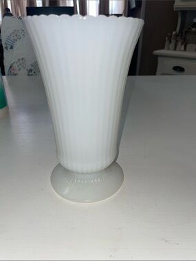 Vintage EO Brody CO white milk glass scalloped vase pedestal base